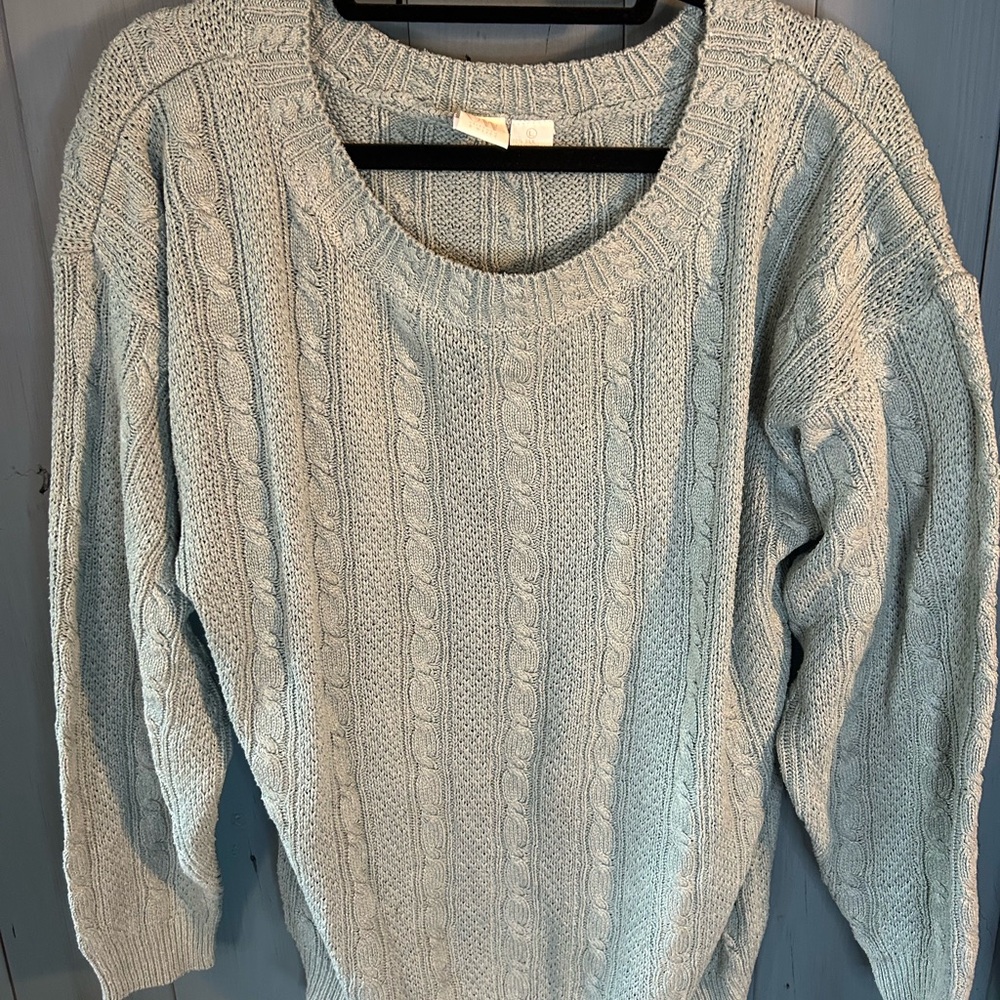 Elegant Cable Knit Sweater - Soft Blue 100% Silk | Women’s Size Large